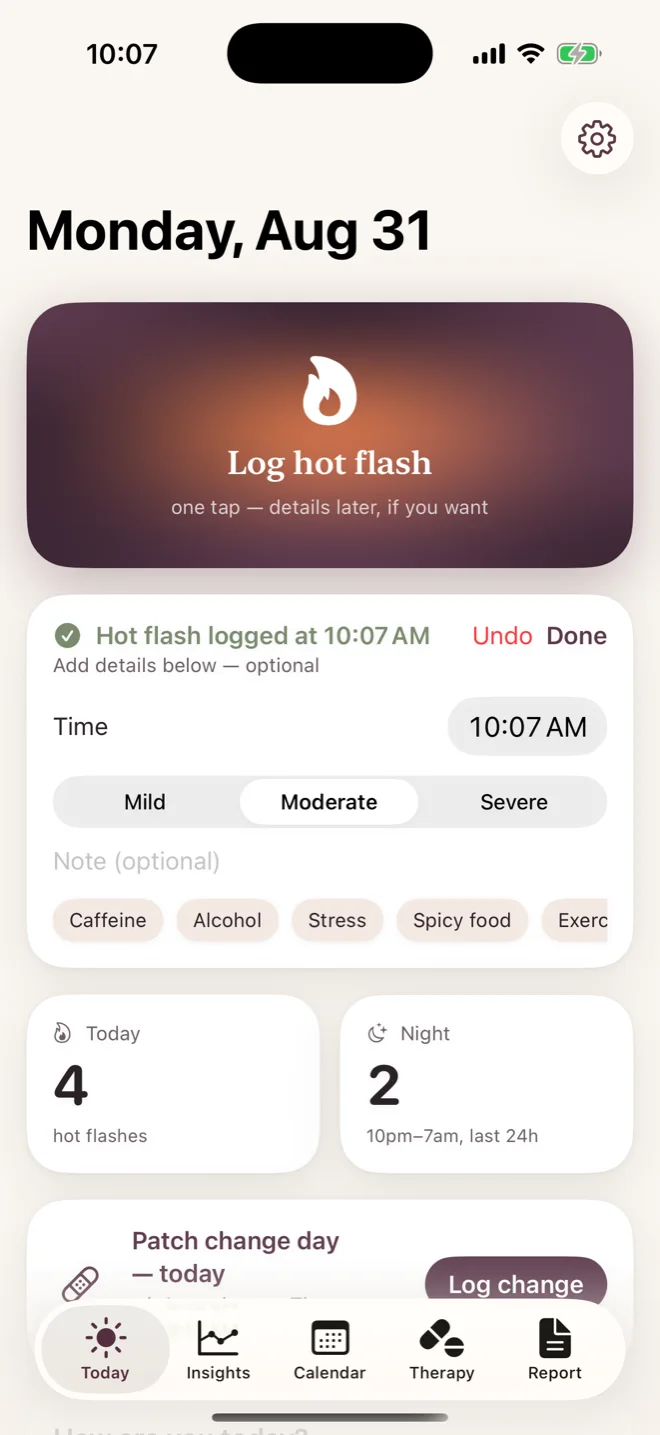 Attune Today screen with a single button to log a hot flash