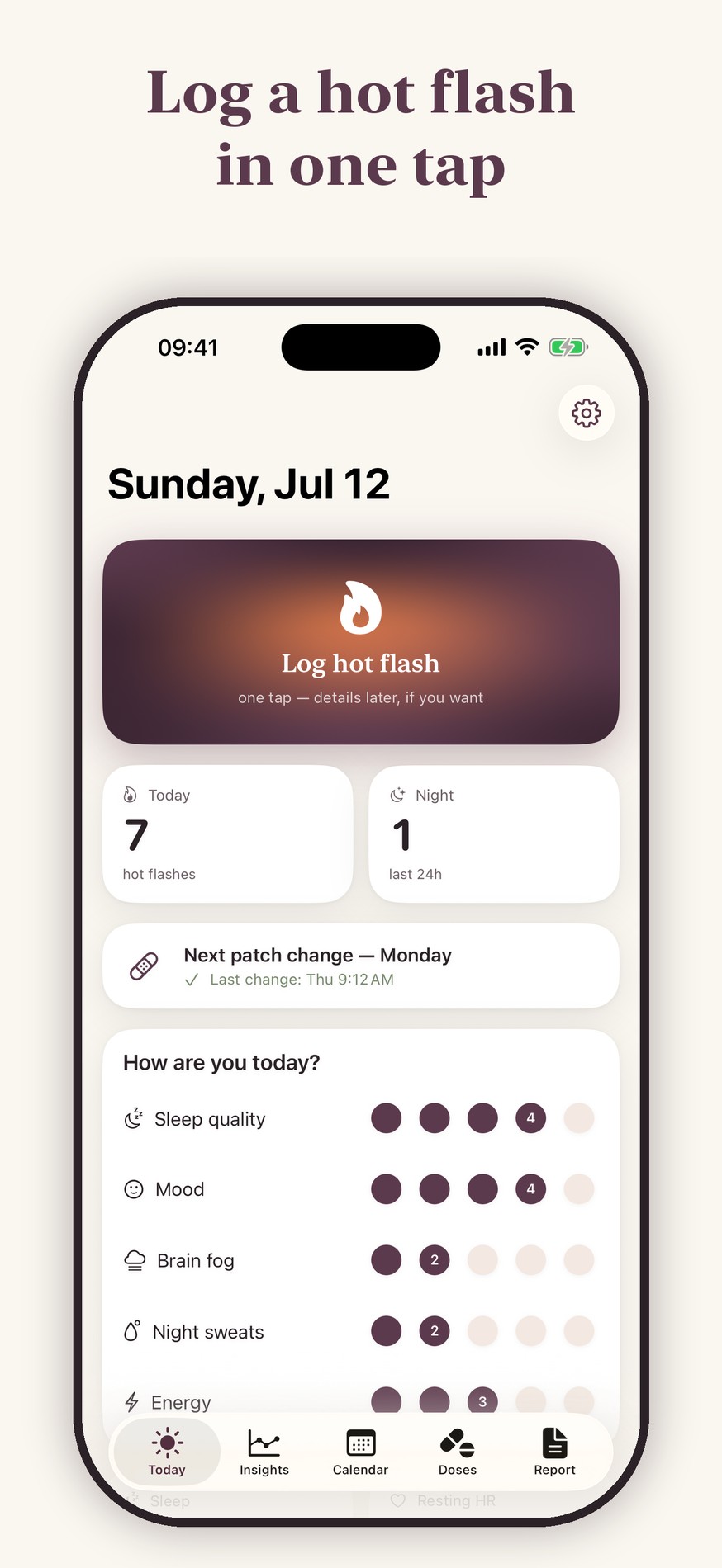 Attune Today screen with one-tap hot flash logging